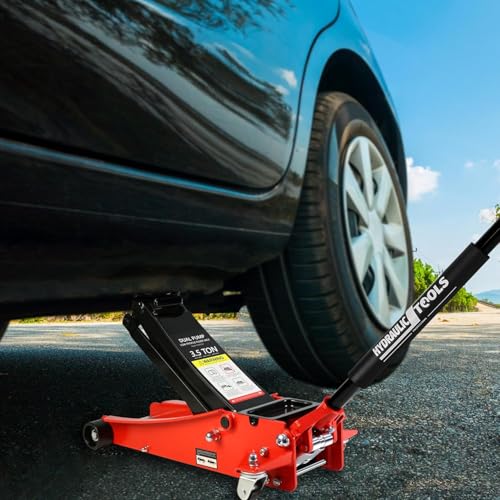 3.5 Ton Low Profile Floor Jack, Heavy Duty Floor Jack with Dual Pistons Quick Lift Pump, Steel Car Jacks Adjustable Height 4"-21", Hydraulic Trolley Floor Jacks 3.5 Ton/7000 LBS Capacity, Red - color: Red - 3.5 Ton(Dual Pump), Lift 4"-21"