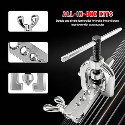Double & Single Flaring Tool Kit, 45 Degrees Brake Line Repair Kit with Tubing Cutter & Adapters, Professional Flaring Tool Set for 3/16" to 1/2" Copper Aluminum Brass Tubing