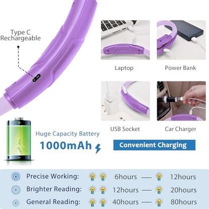 LUXJET Book Light for Reading at Night, Neck Reading Light for Books in Bed, 4 LED Bulbs, Hands Free, 3 Adjustable Brightness, 80-hr Lasting Rechargeable Lamp for Knitting, Camping, Repairing - color: Purple