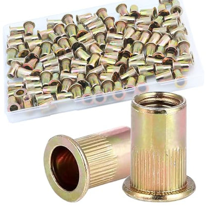 115-Piece 1/4-20 Flat Head Rivet Nut Set, 115Pcs Carbon Steel Zinc Rivet Nuts 1/4-20 Threaded Insert Rivnut, 1/4 UNC Rivets Nutsert, Yellow Zinc Finish - color: Yellow, size: 1/4''-20