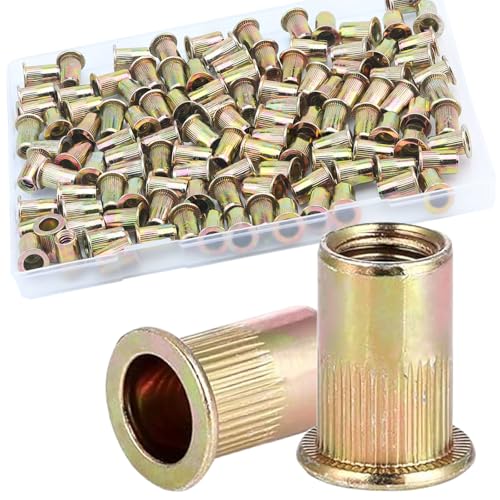 115-Piece 1/4-20 Flat Head Rivet Nut Set, 115Pcs Carbon Steel Zinc Rivet Nuts 1/4-20 Threaded Insert Rivnut, 1/4 UNC Rivets Nutsert, Yellow Zinc Finish - color: Yellow, size: 1/4''-20