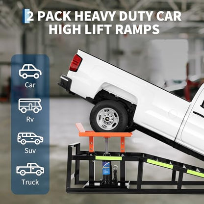 5 Ton Hydraulic Car Ramps, Heavy Duty Vehicle Lift with Reflective Strips for Night Use, Low Profile Adjustable Height 9.8" to 15", Portable Auto Service Ramps for Oil Changes Garage&Truck Maintenance