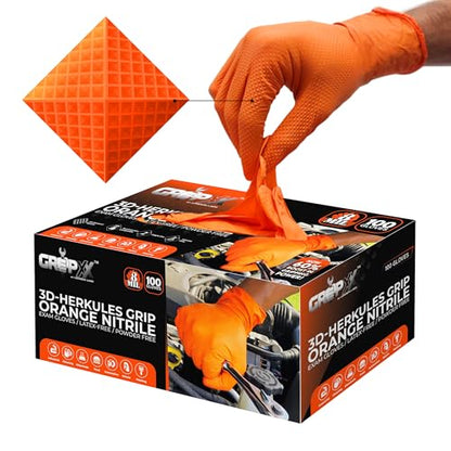 GRIPXX Herkules Grip Heavy Duty 8Mil Orange Nitrile Gloves,3D Raised Diamond Texture-Latex & Powder Free-Industrial, Mechanic (1, Medium) - size: Medium, style: Orange - 100 Count