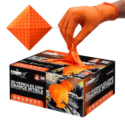 GRIPXX Herkules Grip Heavy Duty 8Mil Orange Nitrile Gloves,3D Raised Diamond Texture-Latex & Powder Free-Industrial, Mechanic (1, Medium) - size: Medium, style: Orange - 100 Count
