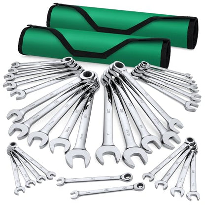 SK Ratcheting Wrench Set, Combination Wrench Set, 30-Piece, SAE 1/4" to 1", Metric 8 to 24mm, 72-Tooth, Premium CR-V Construction, with Rolling Pouch - size: 30-Piece, SAE 1/4" to 1", Metric 8 to 24mm