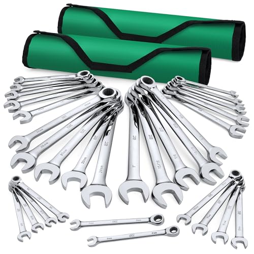 SK Ratcheting Wrench Set, Combination Wrench Set, 30-Piece, SAE 1/4" to 1", Metric 8 to 24mm, 72-Tooth, Premium CR-V Construction, with Rolling Pouch - size: 30-Piece, SAE 1/4" to 1", Metric 8 to 24mm