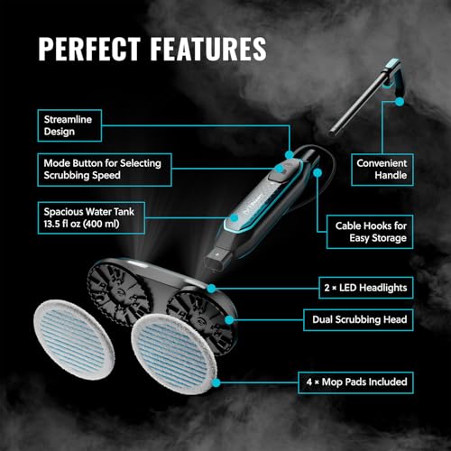 PurSteam ScrubMaster Steam Mop with Dual Scrubbing Head and LED Lights | Dual Scrubbing Head | LED Headlights | Adjustable Steam Control | Anti-Slip Swivel Head | Cable Holder | Upright Lock - size: Small