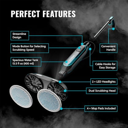 PurSteam ScrubMaster Steam Mop with Dual Scrubbing Head and LED Lights | Dual Scrubbing Head | LED Headlights | Adjustable Steam Control | Anti-Slip Swivel Head | Cable Holder | Upright Lock - size: Small
