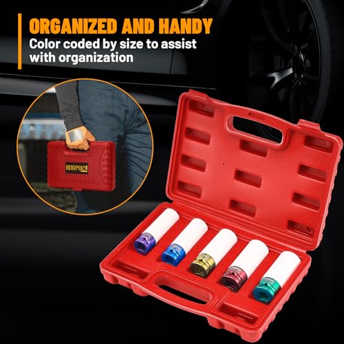 KOOPOOL 1/2" 5-Pc Lug Nut Socket Set 15-22mm Thin Wall w/Sleeve | 5-pc metric 15-22mm lug nut socket set. Non-scratch nylon sleeve. Cr-Mo steel, color electroplate. Thin wall, color-coded - color: Red