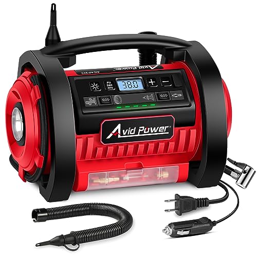 AVID POWER Tire Inflator Portable Air Compressor, 12V DC 110V AC Car Tire Pump, Air Mattress Pump with Inflation and Deflation Modes, Dual Powerful Motors, Digital Pressure Gauge - color: 1-red, size: Large