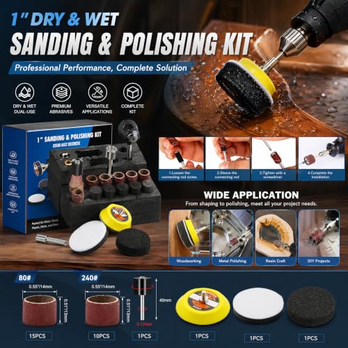 279PCS 1Inch Sanding Discs and Drum for Dremel Tool Accessories,60-10000 Grit Hook and Loop Sandpaper for Polishing Kit,Sanding Bits kit for Resin/Rock/Making Jewelry Polishing - size: 1inch-KIT