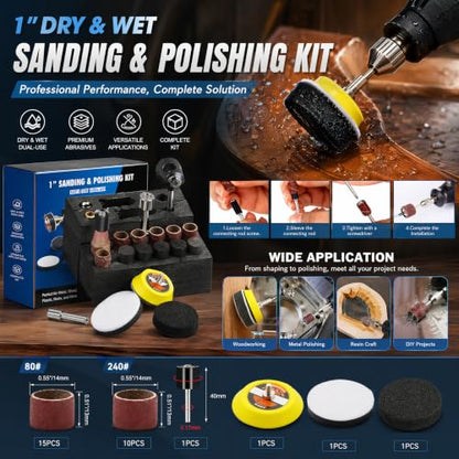 279PCS 1Inch Sanding Discs and Drum for Dremel Tool Accessories,60-10000 Grit Hook and Loop Sandpaper for Polishing Kit,Sanding Bits kit for Resin/Rock/Making Jewelry Polishing - size: 1inch-KIT