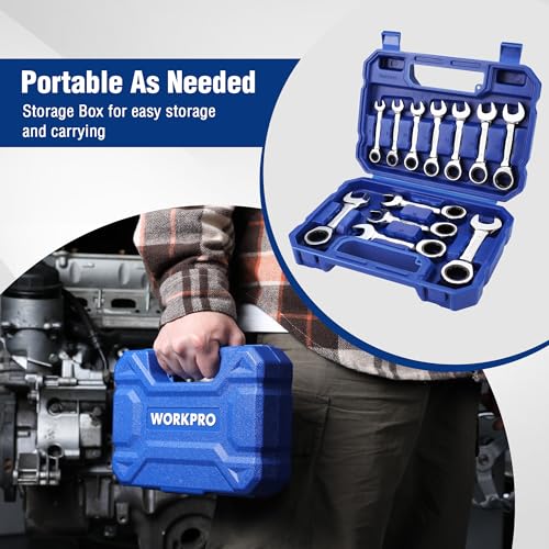 WORKPRO 12-piece Stubby Ratcheting Wrench Set, Metric 8-19mm, 72-Tooth, Cr-V Steel, Small Ratchet Combination Wrenches Set with Premium Storage Case
