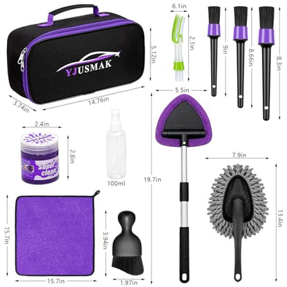 Windshield Cleaning Tool, 13PCS Car Detailing Kit Interior Cleaner, Car Window Cleaner with Extendable Handle, Car Interior Cleaning Kit with Detailing Brushes for Women Men (Purple) - color: purple