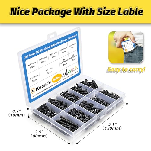 Kadrick 900Pcs M3 Screw Assortment,Machine Screws with Nuts Washers, Grade 10.9 Alloy Steel Hex Socket Button Head Black M3 Bolts Kit,Lenth Form 6mm-25mm - size: M3 900Pcs 6-25mm