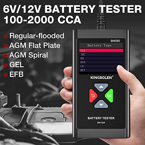 KINGBOLEN BM580 6V 12V Car Battery Tester, 100-2000CCA Voltage Tester, Precision Digital Auto Battery Analyzer, Loading/Charging/Starting System Tester for Cars SUV ATV Boats Motorcycles Vehicle