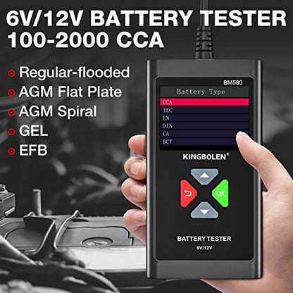 KINGBOLEN BM580 6V 12V Car Battery Tester, 100-2000CCA Voltage Tester, Precision Digital Auto Battery Analyzer, Loading/Charging/Starting System Tester for Cars SUV ATV Boats Motorcycles Vehicle