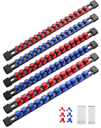 ALOANES 6PC Socket Organizer, Socket Rails Fit 1/2", 1/4" and 3/8" Drive | Heavy Duty ABS Socket Holders Hold 86 Sockets for Toolbox Drawer Bags(Red&Blue) - color: Blue&Red, size: 6PC, 1/2, 3/8 & 1/4-inch Drive