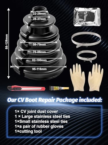 CVS18 CV Boot Split for 128mm tall wear-Resistant CV Boot | Fit Shaft Size 22-28mm Constant Velocity Joint Gaiter Boot Replacement Kit Includes 2 CV Boot Clamp, Black - size: CVS18 CV Boot