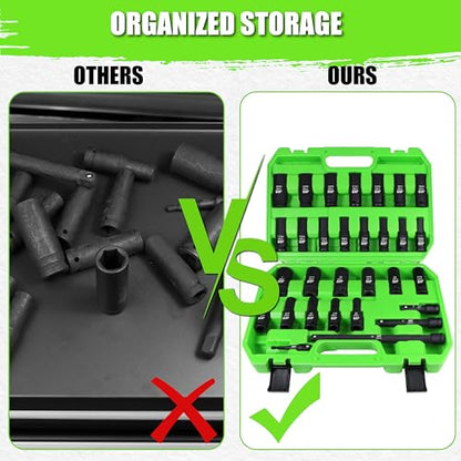 SUNHZMCKP 30-Piece 1/2" Drive Impact Socket Set, SAE (3/8"- 1") and Metric (10mm-24mm) Deep Socket Set, Including Impact Extension Bar 3 ", 5", 10" and 1/2" Socket Adapter, 6 Point Design, CR-V - size: 30-Pc 1/2" Drive Impact Socket Set