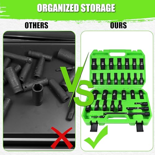 SUNHZMCKP 30-Piece 1/2" Drive Impact Socket Set, SAE (3/8"- 1") and Metric (10mm-24mm) Deep Socket Set, Including Impact Extension Bar 3 ", 5", 10" and 1/2" Socket Adapter, 6 Point Design, CR-V - size: 30-Pc 1/2" Drive Impact Socket Set