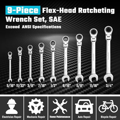 DURATECH 9-Piece Flex-Head Ratcheting Wrench Set, SAE, 5/16" to 3/4" | 5/16", 11/32", 3/8", 7/16", 1/2", 9/16", 5/8", 11/16", 3/4", 72 Tooth, CR-V Steel, Rolling Pouch Included - color: Silver, size: 5/16 - 3/4 inch