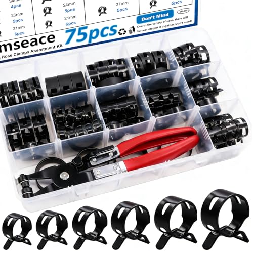 smseace 75Pcs Spring Band Hose Clamp 19 21 23 24 25 26 27 28 30 32 34 36 38mm Constant Tension Hose Clamp With Plier used for Fuel Line，Vacuum Hose，Air Hose Spring Hose Clamp Kit - size: 19-38mm 75pcs