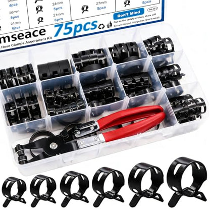 smseace 75Pcs Spring Band Hose Clamp 19 21 23 24 25 26 27 28 30 32 34 36 38mm Constant Tension Hose Clamp With Plier used for Fuel Line，Vacuum Hose，Air Hose Spring Hose Clamp Kit - size: 19-38mm 75pcs