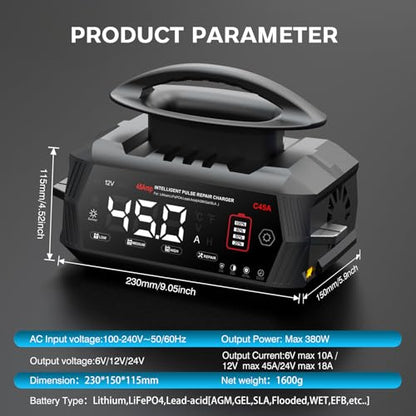 Car Battery Charger 45 Amp, 6V/12V/24V Lead-Acid LiFePo4 Battery Chargers | Smart Automotive Battery Charger, Battery Maintainer, Trickle Chargers for Car, Motorcycle, Boat