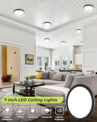 1PACK LED Flush Mount Ceiling Light,3000K-4000K-6500K & 100W Equivalent Modern Kitchen Ceiling Light Fixture 15W 1500Lm 7 Inch Low-Profile Ceiling Fixture for Bathroom Closet Laundry Bedroom Hallway - color: Black, size: 7Inch-1pack