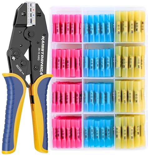 haisstronica Crimping Tool for Heat Shrink Connectors HS-8327 with 200PCS Marine Grade Heat Shrink Butt Connectors of Tinned Red Copper AWG 22-10