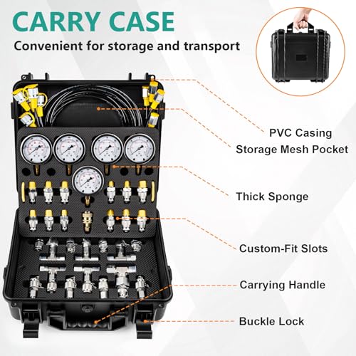 Hydraulic Pressure Test Kit, 5 Gauges 10–600 Bar/150–10 000 PSI, 13 Test Couplings 14 Tee Connectors 5 Hoses, Hydraulic Test Gauge Kit in Case for Excavator Construction Machinery Pressure Tester