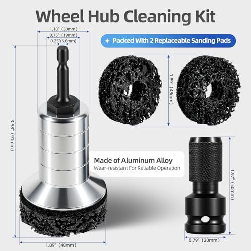BURMONG Wheel Hub Cleaning Tool with Dual-Head Adapter, Brake Hub Cleaning Kit Includes 3 Pads for Rust Removal & Polishing, Wheel Stud Cleaner Compatible with Power Drill & 1/2" Impact Wrenches (3)