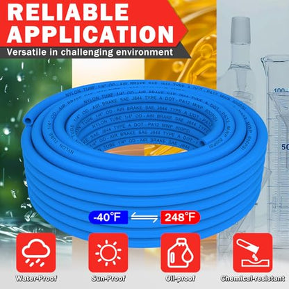 CheeMuii 76 PCS Brass DOT Air Line Fittings with 100FT 1/4" and 50FT 3/8" Blue DOT Air Lines Kit Push Lock Air Line Quick Connect Fittings with Pneumatic Tubing Set - size: 2ROLL-80PCS-BLUE