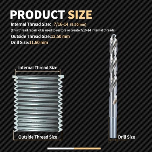 7/16-14 SAE Thread Repair Kit with Insert HSS Drill, Tap, Counterbore, Installation Driver, 10PCS Stainless Steel Insert 7/16-14X0.600 INCH