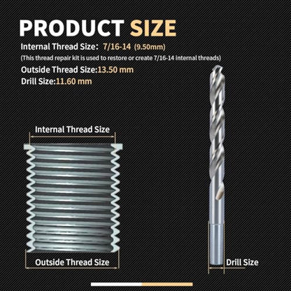7/16-14 SAE Thread Repair Kit with Insert HSS Drill, Tap, Counterbore, Installation Driver, 10PCS Stainless Steel Insert 7/16-14X0.600 INCH