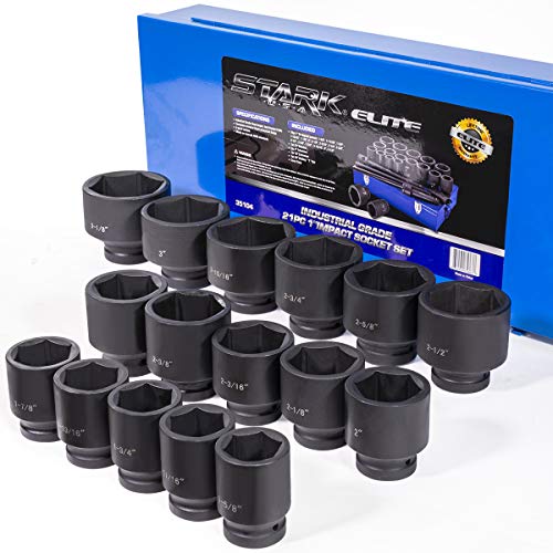 Stark USA 21-Piece 1" Drive SAE Jumbo Impact Socket Set, Heavy Duty Cr-Mo 6-Point Deep Impact Sockets with 24" Ratchet, Extension Bars, Sliding T-Handle & Storage Case - style: 21pcs SAE Impact Socket Set (1-5/8'' to 3-1/8'')