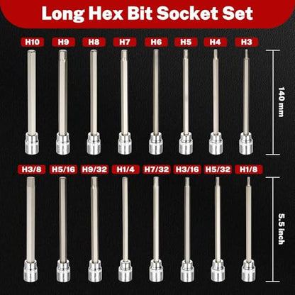 TOMMARS 16-Pc Long Hex Bit Socket Set CR-V and S2 Steel, SAE & Metric | SAE & Metric 1/8-3/8 in., 3-10 mm. Extra Long Allen Socket Set - style: 3-10mm,1/8"-3/8"(16PCS)