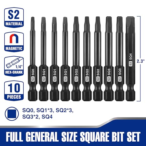 WORKPRO 10pcs Square Bit Set, CNC Machined S2 Steel Magnetic Screwdriver Bits Set, 1/4 Inch Hex Shank Driver Bits, 2.3 Inch Long Screwdriver Bits Set with Storage Box - color: Square