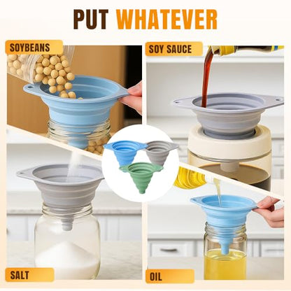 Kitchen Funnel Set 3 Pack, Collapsible Silicone Funnels for Filling Water Bottles & Small Bottles | Food-Grade, Easy Clean & Space-Saving (Mix Colors) - color: mix colors