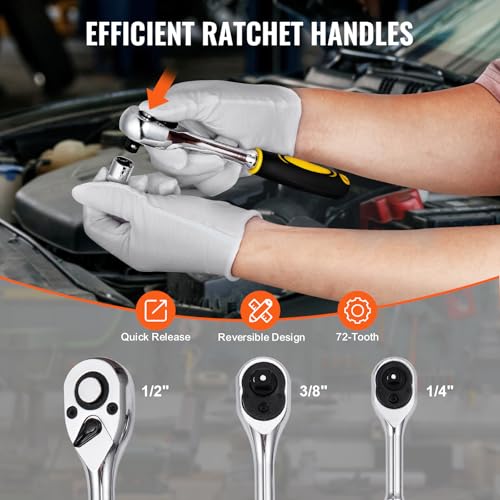 VEVOR 121-Piece Mechanics Tool Set - 1/4" 3/8" 1/2" Drive Sockets - SAE and Metric Mechanic Tool Kit with Bits - Ratchet Handle, Wrenches, Accessories, and Plastic Storage Case for Automotive Repair - size: 1/4"&3/8"&1/2", style: 121 PCS