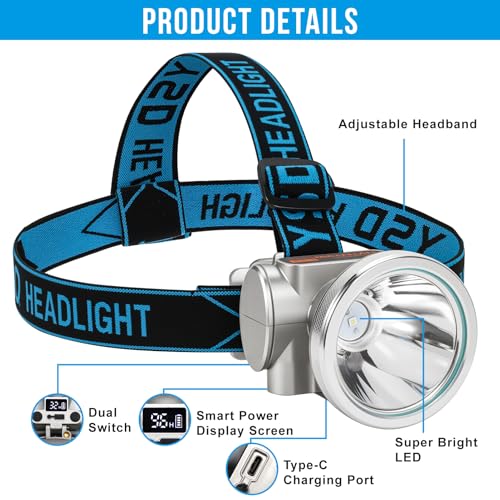 High Brightness LED Headlamp with Display Screen Rechargeable USB-C Waterproof Headlight with Runtime Indicator 4 Lighting Modes Light for Camping, Work, Hunting, Fishing (Mode 505 - White Light) - color: Model-505