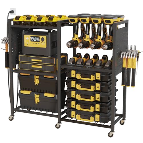 6-Tier Large Power Tool Organizer Cart with Charging Station, Heavy-Duty Garage Rolling Tool Cart with 6 Wheels, 8 Hooks & Adjustable Shelves, Holds 700LBS+ - color: Black