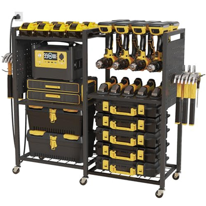 6-Tier Large Power Tool Organizer Cart with Charging Station, Heavy-Duty Garage Rolling Tool Cart with 6 Wheels, 8 Hooks & Adjustable Shelves, Holds 700LBS+ - color: Black