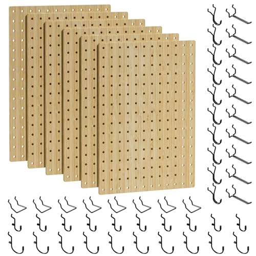 VOIMO Bamboo Pegboard Organizer Set, 6 Panels (16"x12") | 48 Hooks, Eco-Friendly Wall Mounted Storage Rack for Tools, Crafts & Office – Natural Bamboo Pegboard with Accessories - size: 16'' X 12'' (6 Panels)