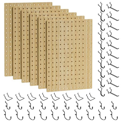 VOIMO Bamboo Pegboard Organizer Set, 6 Panels (16"x12") | 48 Hooks, Eco-Friendly Wall Mounted Storage Rack for Tools, Crafts & Office – Natural Bamboo Pegboard with Accessories - size: 16'' X 12'' (6 Panels)