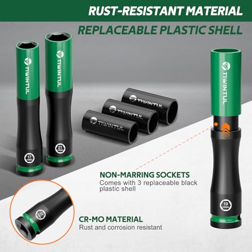 1/2" Extra Long Lug Nut Socket Set, 6Pcs Metric 17 19 21 mm | Non-Marring Wheel Protector, Impact Deep Socket Set, CR-MO Steel & 6-Point, Thin Wall 150mm, 3 Protective Covers, for Tire - size: 6 PCS(Metric)