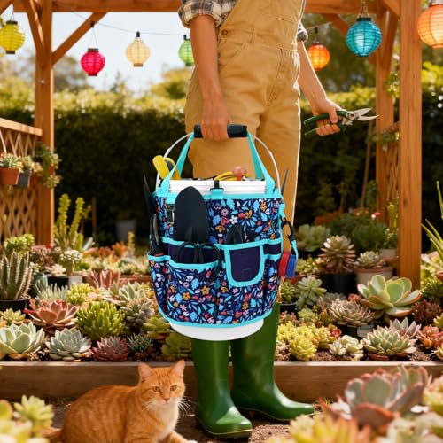 KUNN Bucket Tool Organizer 5 Gallon with Hangable Handle 18-Pocket Detachable Bucket Bag for Tools, Garden Caddy Tote with Pockets, Heavy Duty 600D Polyester Gardening Accessory,Blue - style: Navy Bloom