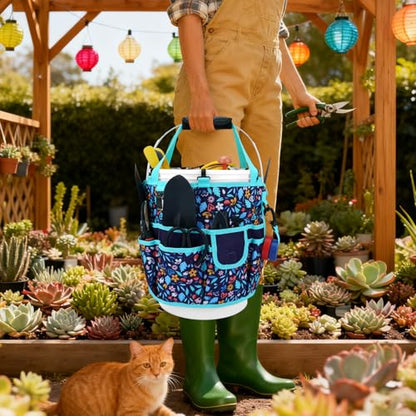 KUNN Bucket Tool Organizer 5 Gallon with Hangable Handle 18-Pocket Detachable Bucket Bag for Tools, Garden Caddy Tote with Pockets, Heavy Duty 600D Polyester Gardening Accessory,Blue - style: Navy Bloom