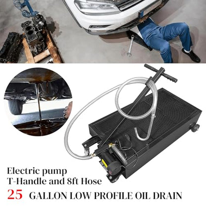 25 Gallon Oil Drain Pan with Electric Pump, Low-Profile Oil Pans for Changing Oil, T-Handle and J-Hook Makes Drain Easier, Black - color: Black, size: 25 Gallon